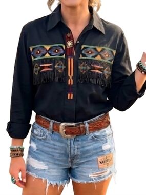 Vintage LEW MAGRAM Western Beaded Aztec Button Down Shirt